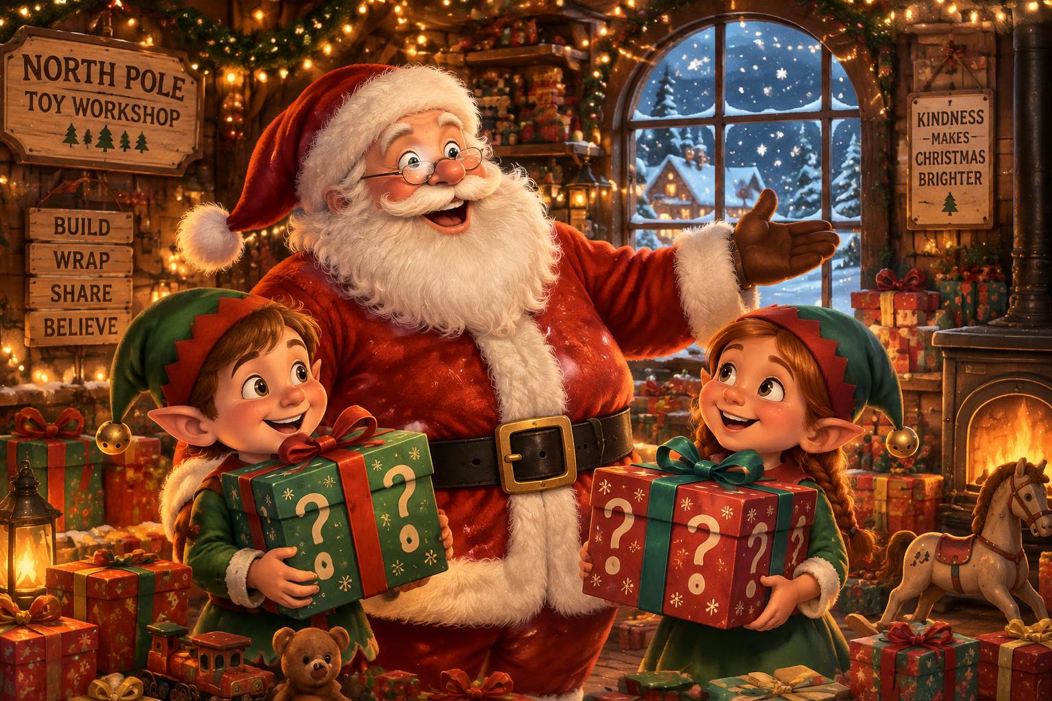 Santa and two elves holding mystery presents in the North Pole workshop